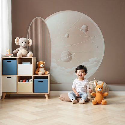 Kids-Mundo open door moon wall mural styled behind a cot in a soft blush nursery