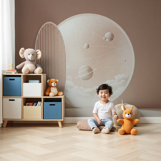 Kids-Mundo open door moon wall mural styled behind a cot in a soft blush nursery