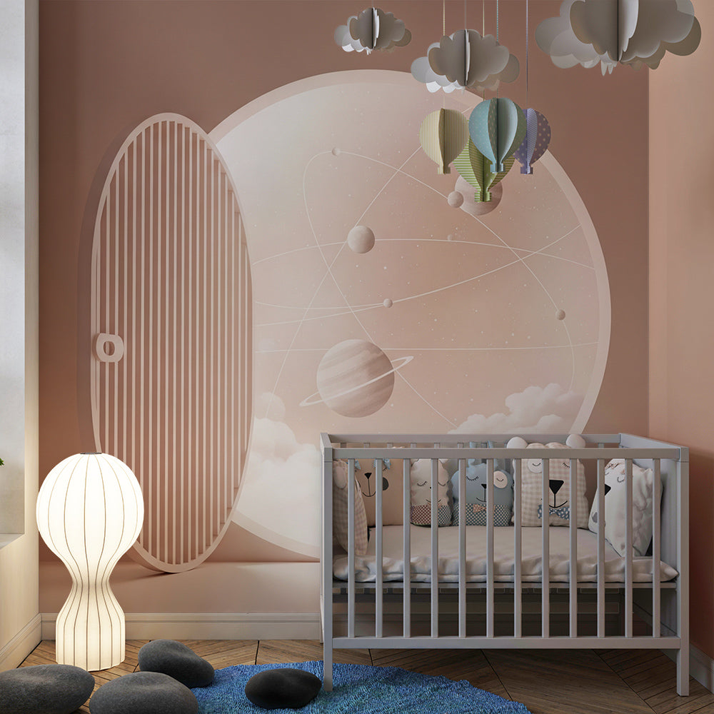 Kids-Mundo open door moon mural brightening a playful children's playroom wall
