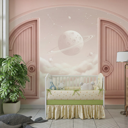 Kids-Mundo ringed planet doors wall mural on a feature wall in a kids bedroom