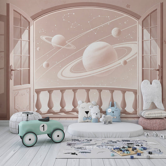 Kids-Mundo French doors planet wall mural styled in an elegant kids bedroom