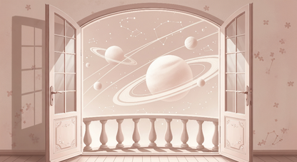 Kids-Mundo flat artwork preview of the open doors ringed planet view wall mural design
