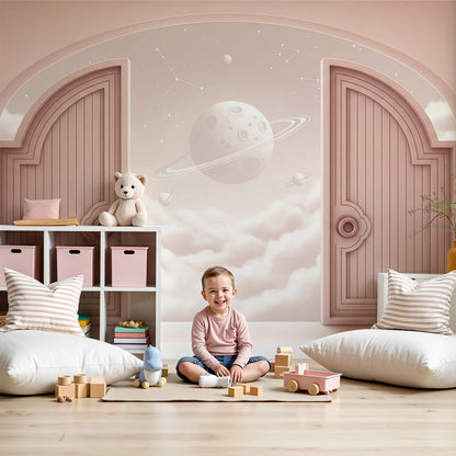 Open doors ringed planet wall mural by Kids-Mundo styled beside a cot in a soft nursery