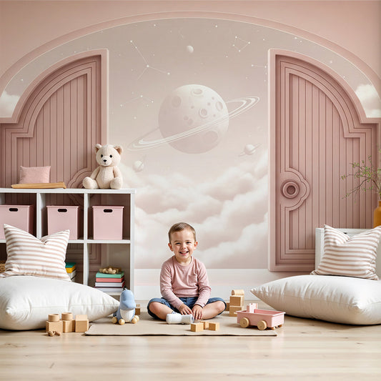 Open doors ringed planet wall mural by Kids-Mundo styled beside a cot in a soft nursery