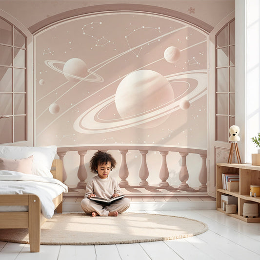 Kids-Mundo open doors and ringed planet wall mural in a soft blush baby nursery