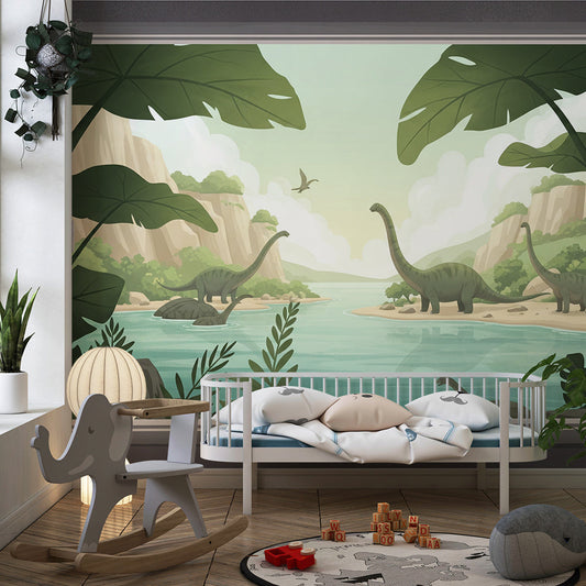 Kids-Mundo jungle river dinosaur wall mural on a feature wall in a kids bedroom