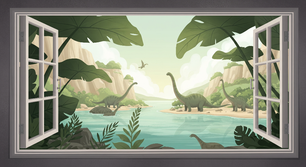Open Window Jungle River Dinosaur Wall Mural