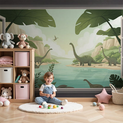 Kids-Mundo open window dinosaur river mural in a calm green nursery room