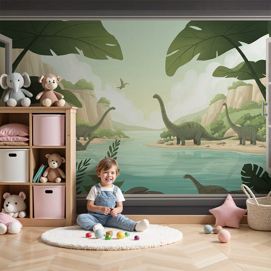 Kids-Mundo open window dinosaur river mural in a calm green nursery room