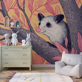 Forest animal mural wallpaper featuring opossum in modern kids bedroom with natural decor