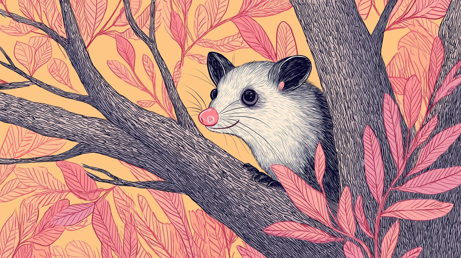 Detailed opossum and pink forest foliage mural wallpaper design pattern by Kids-Mundo