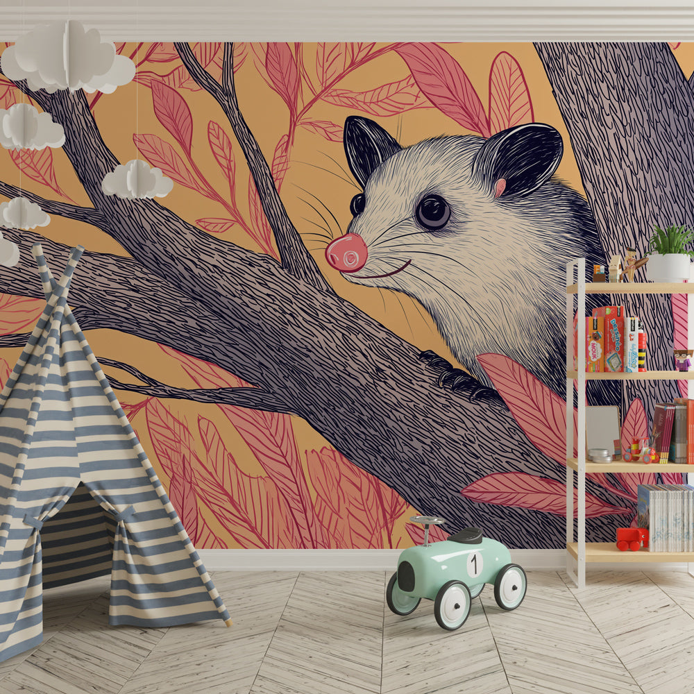Pink foliage opossum wallpaper creating magical atmosphere in children's playroom by Kids-Mundo