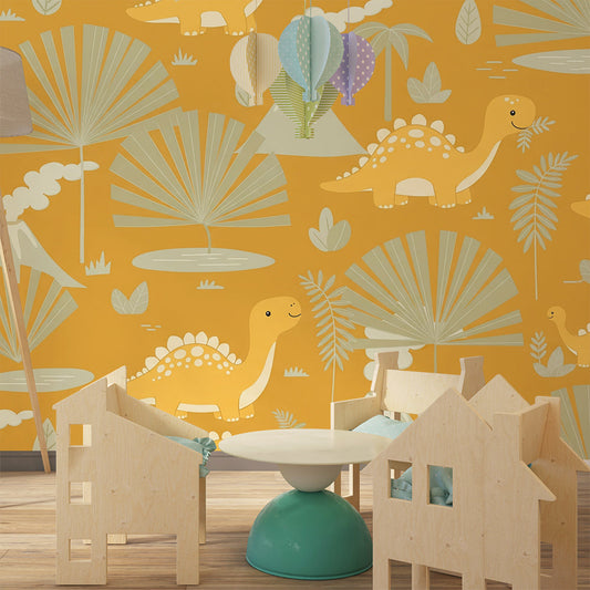 Kids-Mundo dinosaur volcano pattern mural on a kids bedroom wall behind a bed