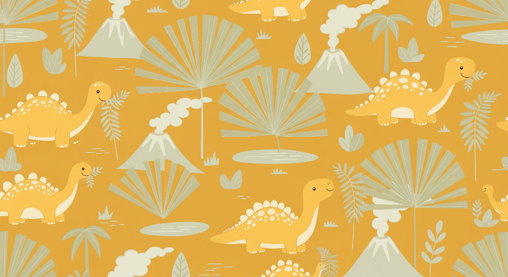 Orange Dinosaurs and Smoking Volcanoes Wall Mural