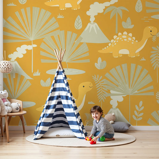 Kids-Mundo orange dinosaur volcano wall mural styled in a warm nursery with a cot and rug