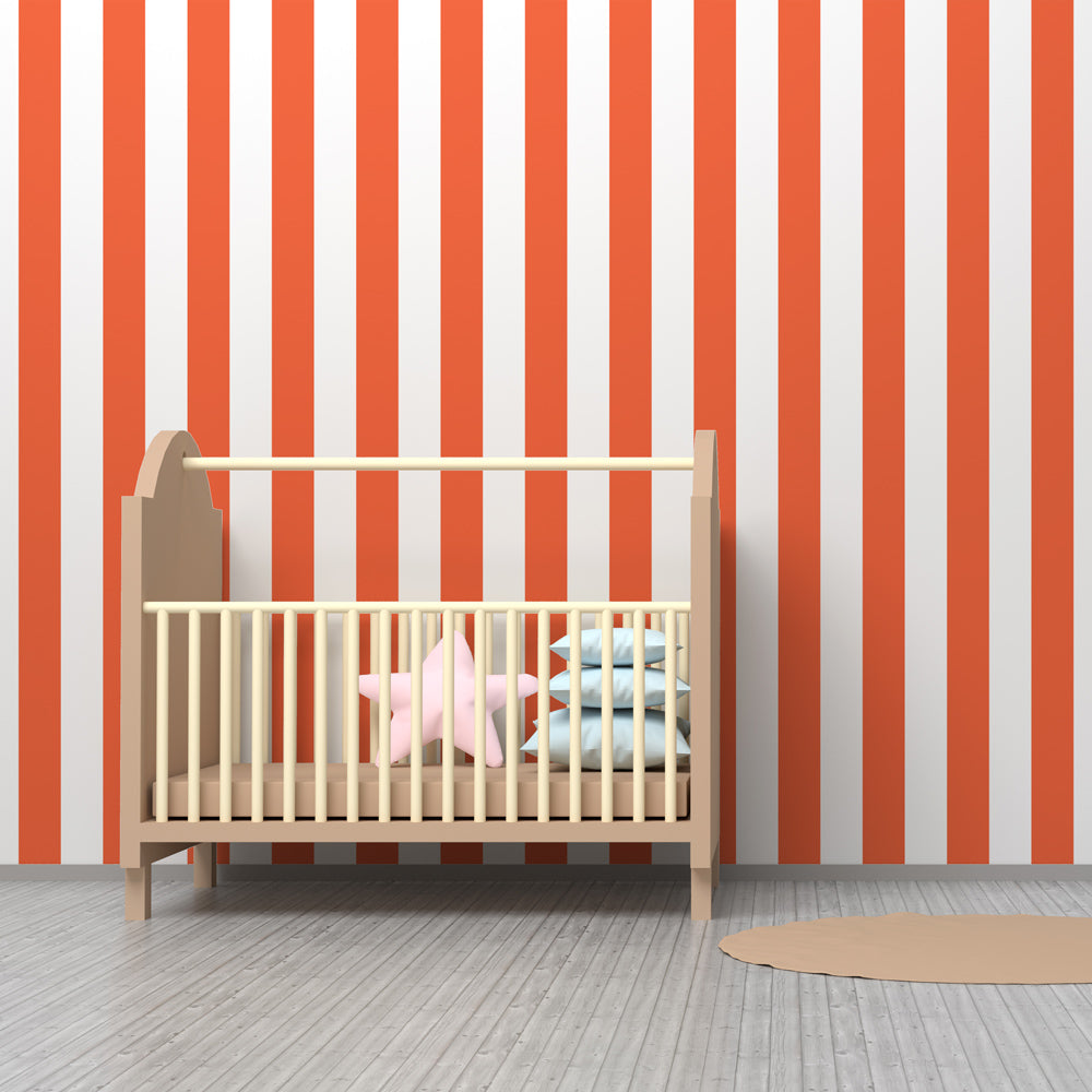 Contemporary orange and white striped wallpaper in bright kids playroom setting