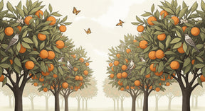Detailed orange tree and birds mural wallpaper design pattern by Kids-Mundo showing botanical elements