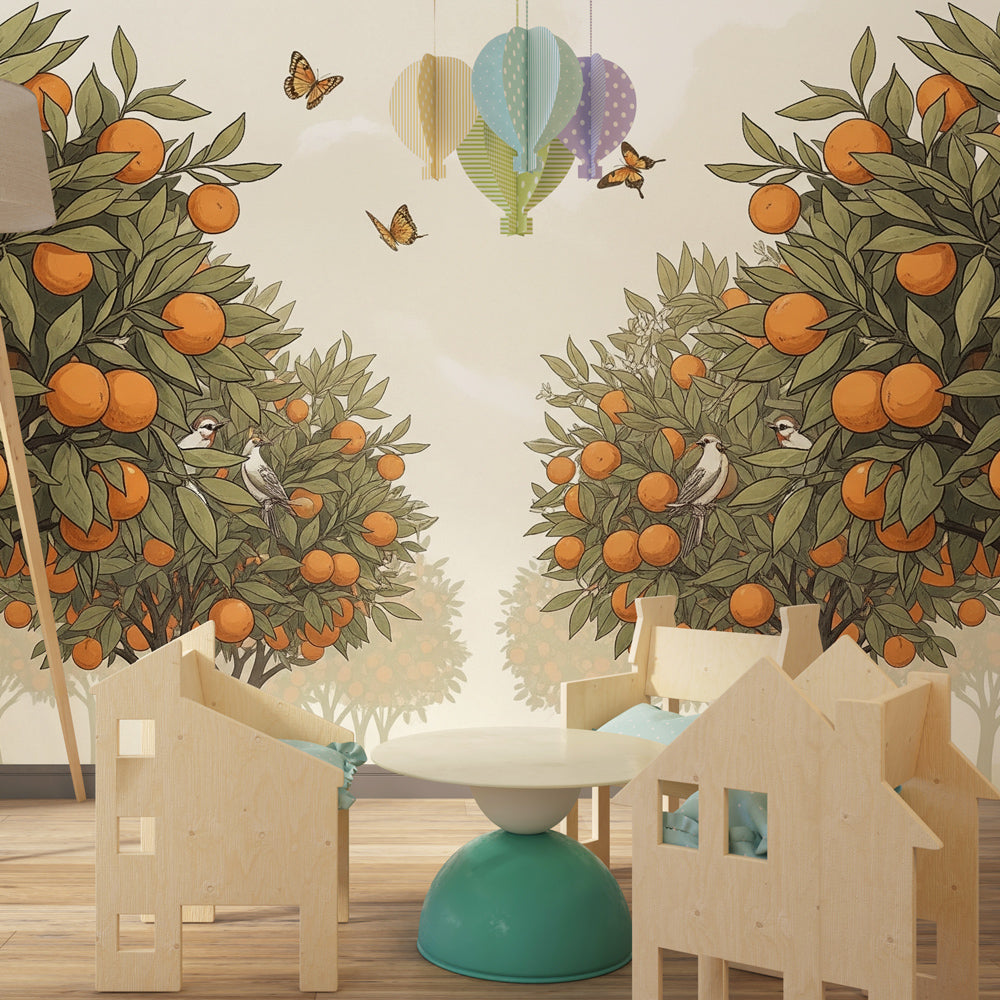 Children's orange orchard wallpaper creating peaceful bedroom decor with natural garden theme