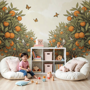 Orange tree mural wallpaper with colorful birds in modern nursery room by Kids-Mundo