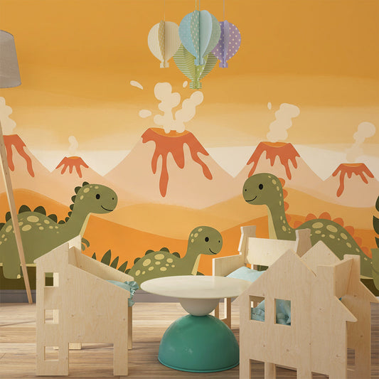 Kids-Mundo volcano dinosaur wall mural covering a lively child's bedroom feature wall.