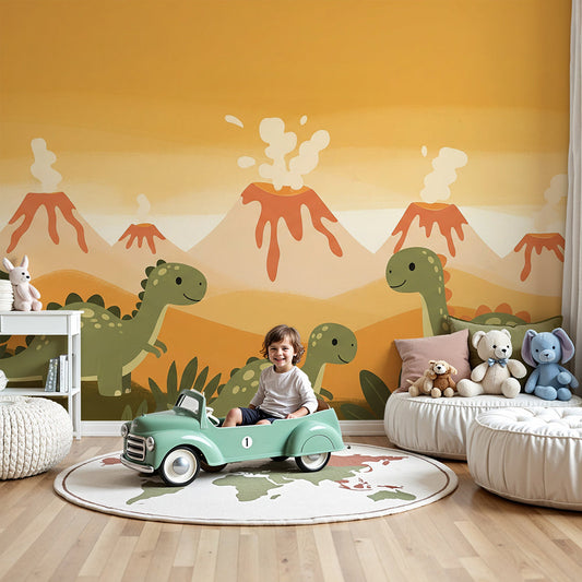 Kids-Mundo orange volcano valley dinosaur mural styled in a warm, sunlit nursery room.