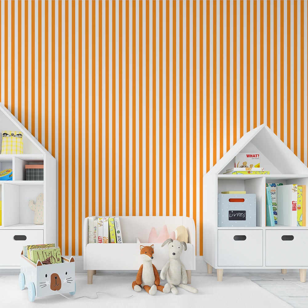 Kids-Mundo orange and white stripe wall mural in a playful children's playroom