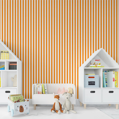 Kids-Mundo orange and white stripe wall mural in a playful children's playroom