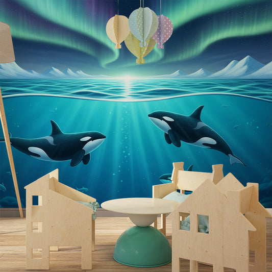 Kids-Mundo orca and aurora wall mural as a feature wall in a child's arctic-themed bedroom