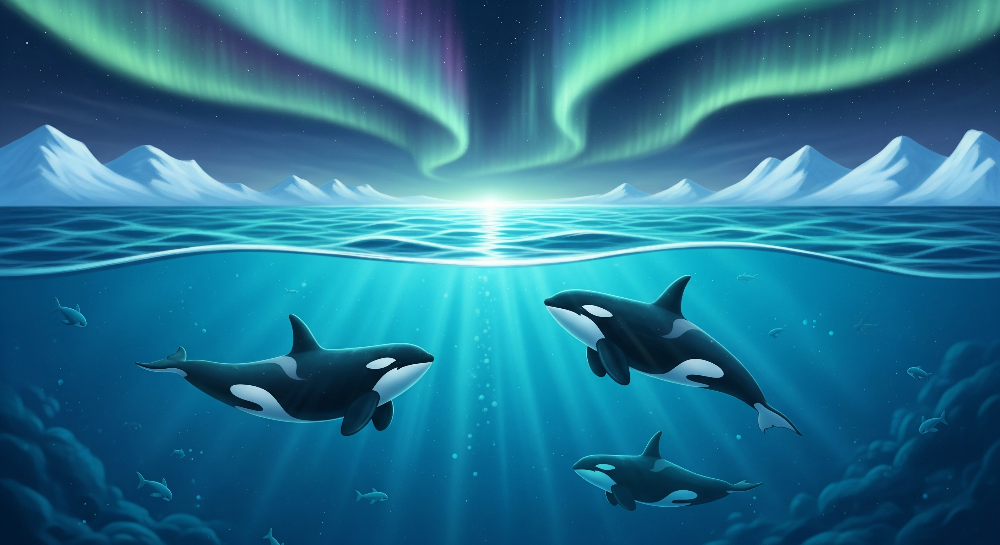 Orcas Swimming Beneath the Aurora Borealis Wall Mural