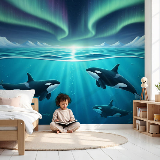 Kids-Mundo aurora borealis orca wall mural glowing above a cot in a calm baby nursery