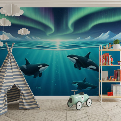Kids-Mundo aurora borealis orca wall mural covering a wall in a bright children's playroom