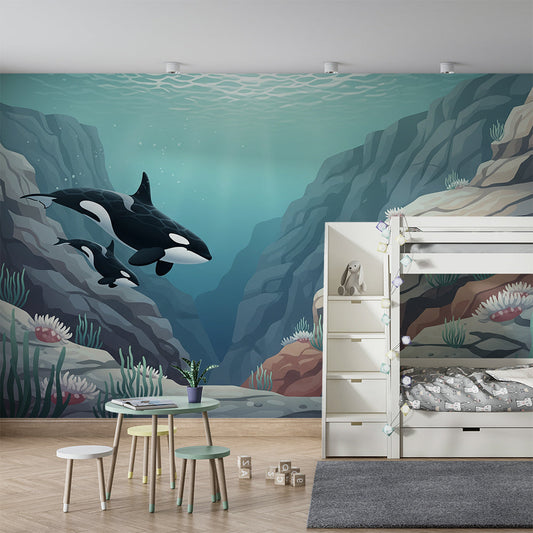 Kids-Mundo orca reef canyon wall mural as a feature wall in a child's ocean bedroom