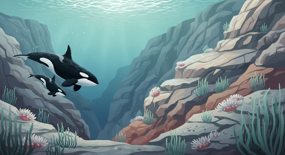 Orca and Calf Swimming Through a Reef Canyon Wall Mural