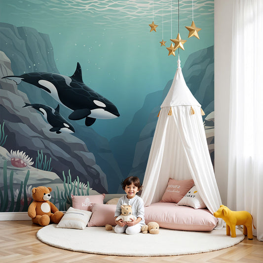 Kids-Mundo orca and calf reef canyon wall mural in a calm, nature-themed baby nursery