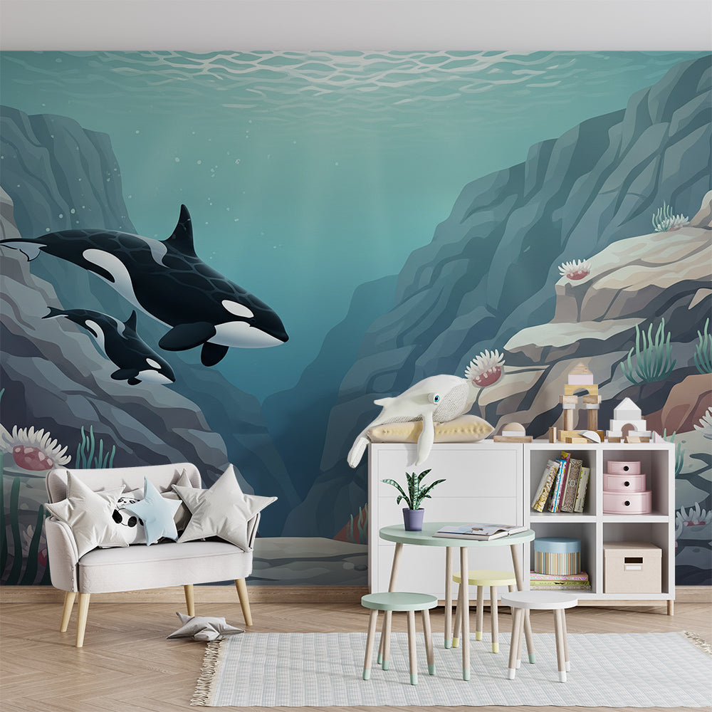 Kids-Mundo orca reef canyon wall mural covering a wall in a bright children's playroom