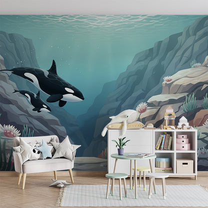 Kids-Mundo orca reef canyon wall mural covering a wall in a bright children's playroom