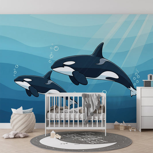 Kids-Mundo orca and calf wall mural as a feature wall in a child's ocean bedroom
