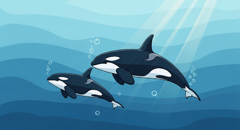 Orca and Calf Swimming in Golden Underwater Light Wall Mural