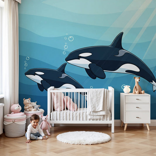 Kids-Mundo orca and calf wall mural glowing softly in a warm, calm baby nursery scene