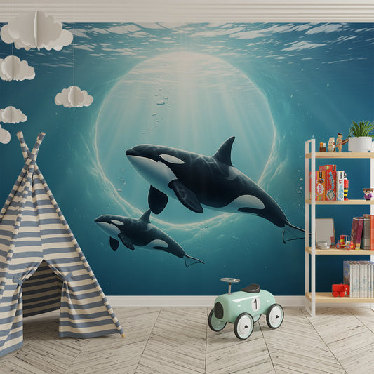 Kids-Mundo orca and calf wall mural as a feature wall in a child's ocean-themed bedroom