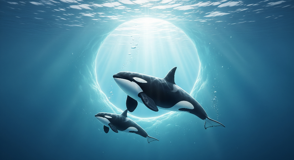 Orca and Calf Swimming Into a Circle of Light Wall Mural