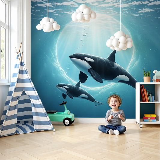 Kids-Mundo orca and calf wall mural glowing softly above a cot in a calm baby nursery