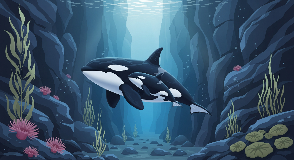 Orca and Calf in an Underwater Canyon Wall Mural