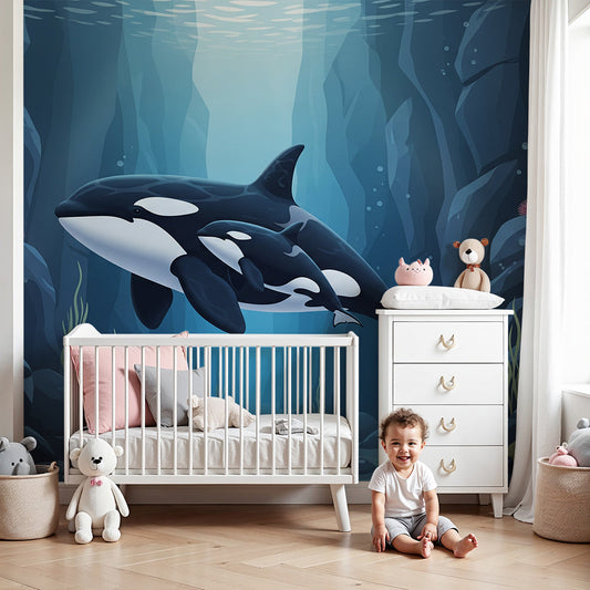 Kids-Mundo orca and calf canyon wall mural styled behind a cot in a soft dark blue nursery