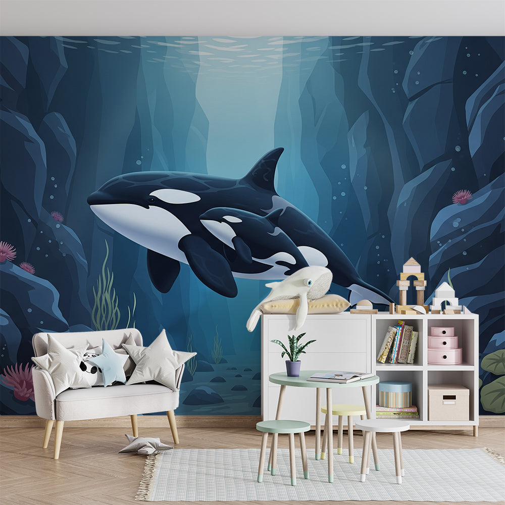 Kids-Mundo orca and calf canyon wall mural bringing a sheltered underwater scene to a playroom
