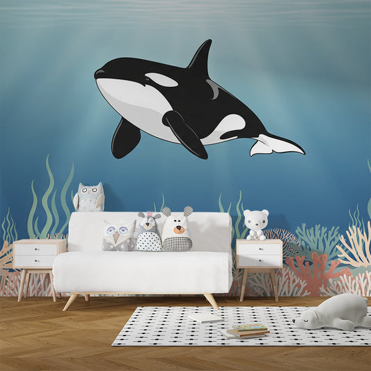 Kids-Mundo orca and coral reef mural covering a feature wall in a kids' bedroom