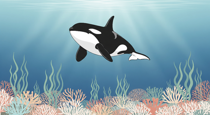 Kids-Mundo flat artwork of an orca swimming above a colourful coral reef under bright sunlight