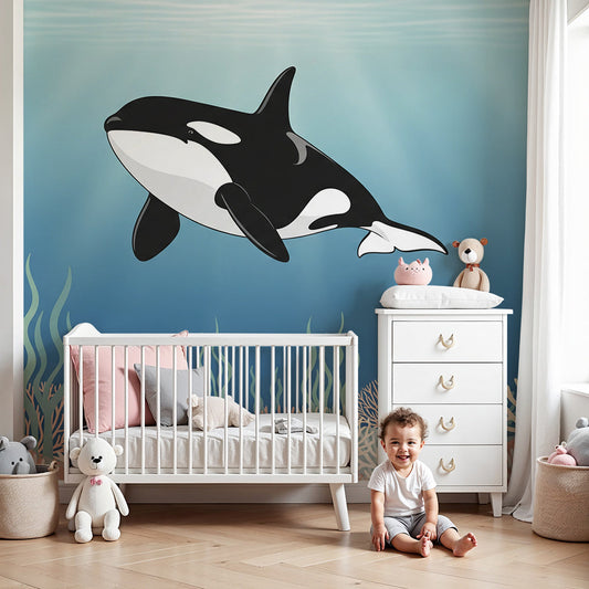 Kids-Mundo orca coral reef wall mural styled behind a cot in a bright playful nursery