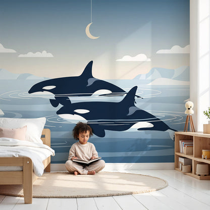 Kids-Mundo crescent moon orca wall mural styled in a soft grey pastel nursery room.