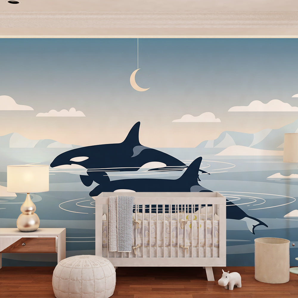 Kids-Mundo moonlit orca wall mural covering a playroom wall with icebergs and mist.